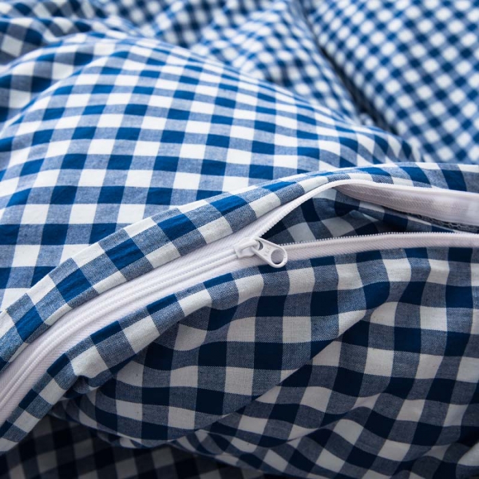 91家纺网 家纺一手货源 找家纺 柠萌家居 2022新款无印良品全棉色织水洗棉四件套 深蓝小格