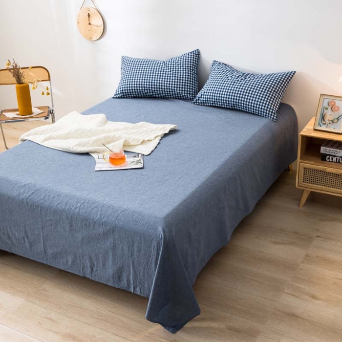 91家纺网 家纺一手货源 找家纺 柠萌家居 2022新款无印良品全棉色织水洗棉四件套 深蓝小格