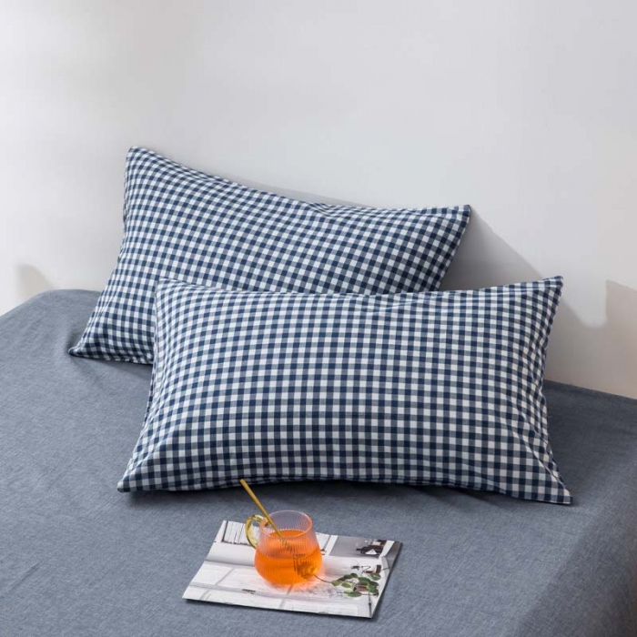 91家纺网 家纺一手货源 找家纺 柠萌家居 2022新款无印良品全棉色织水洗棉四件套 深蓝小格