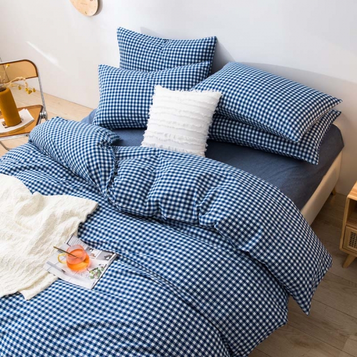 91家纺网 家纺一手货源 找家纺 柠萌家居 2022新款无印良品全棉色织水洗棉四件套 深蓝小格