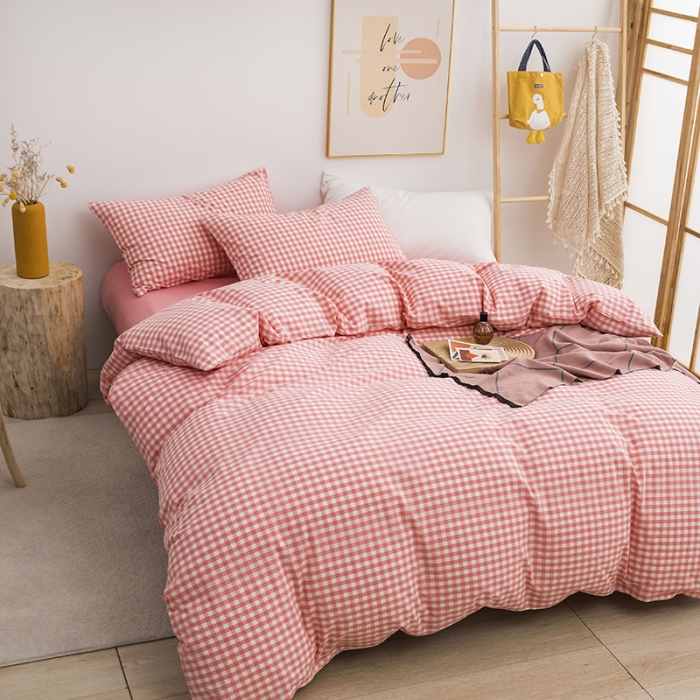 91家纺网 家纺一手货源 找家纺 柠萌家居 2022新款无印良品全棉色织水洗棉四件套 水粉小格