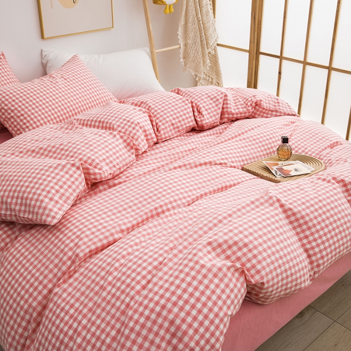 91家纺网 家纺一手货源 找家纺 柠萌家居 2022新款无印良品全棉色织水洗棉四件套 水粉小格