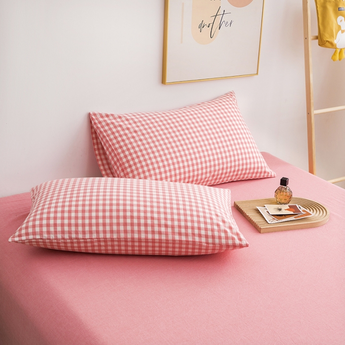 91家纺网 家纺一手货源 找家纺 柠萌家居 2022新款无印良品全棉色织水洗棉四件套 水粉小格