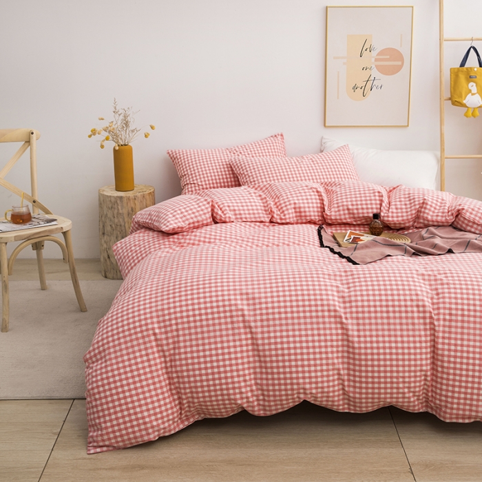 91家纺网 家纺一手货源 找家纺 柠萌家居 2022新款无印良品全棉色织水洗棉四件套 水粉小格