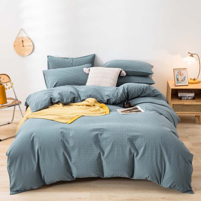 91家纺网 家纺一手货源 找家纺 柠萌家居 2022新款无印良品全棉色织水洗棉四件套 雾蓝小格