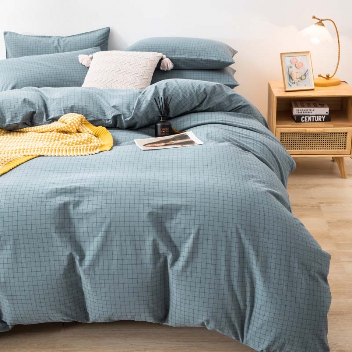 91家纺网 家纺一手货源 找家纺 柠萌家居 2022新款无印良品全棉色织水洗棉四件套 雾蓝小格