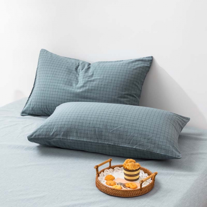 91家纺网 家纺一手货源 找家纺 柠萌家居 2022新款无印良品全棉色织水洗棉四件套 雾蓝小格