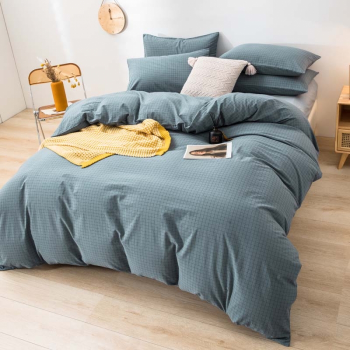 91家纺网 家纺一手货源 找家纺 柠萌家居 2022新款无印良品全棉色织水洗棉四件套 雾蓝小格