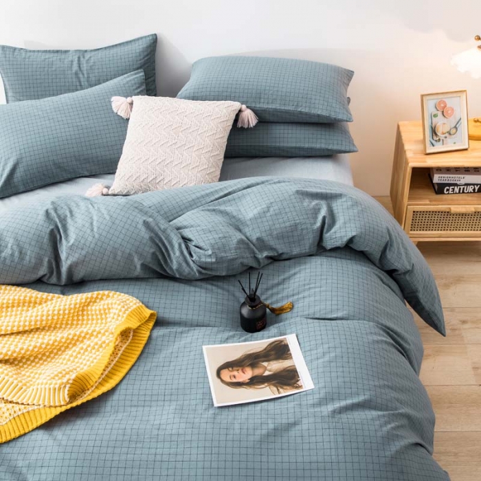 91家纺网 家纺一手货源 找家纺 柠萌家居 2022新款无印良品全棉色织水洗棉四件套 雾蓝小格