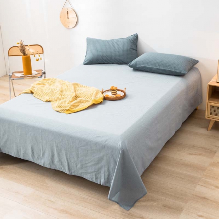 91家纺网 家纺一手货源 找家纺 柠萌家居 2022新款无印良品全棉色织水洗棉四件套 雾蓝小格