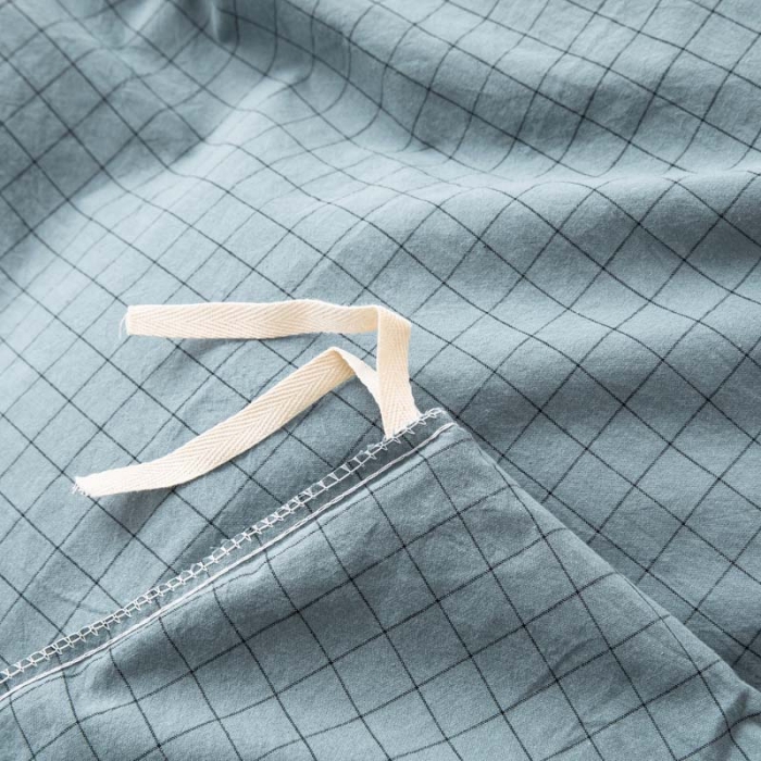 91家纺网 家纺一手货源 找家纺 柠萌家居 2022新款无印良品全棉色织水洗棉四件套 雾蓝小格