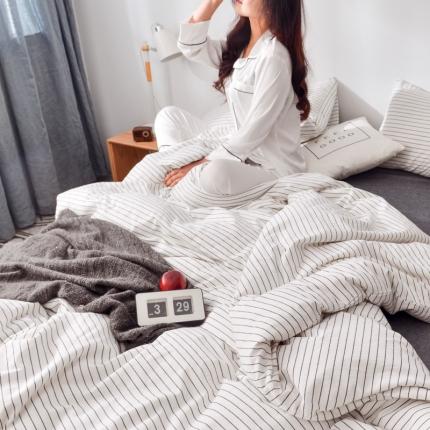 柠萌家居 新款无印良品全棉色织水洗棉四件套 细条纹-白色