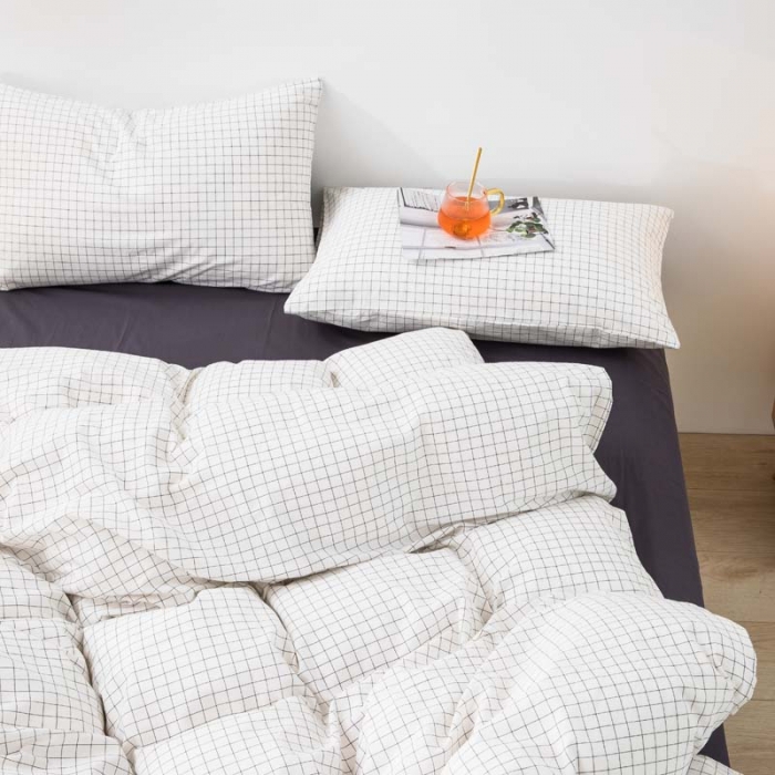 91家纺网 家纺一手货源 找家纺 柠萌家居 2022年新款无印良品全棉色织水洗棉四件套 小白格