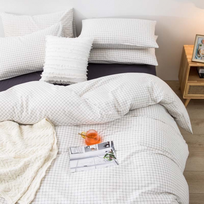 91家纺网 家纺一手货源 找家纺 柠萌家居 2022年新款无印良品全棉色织水洗棉四件套 小白格