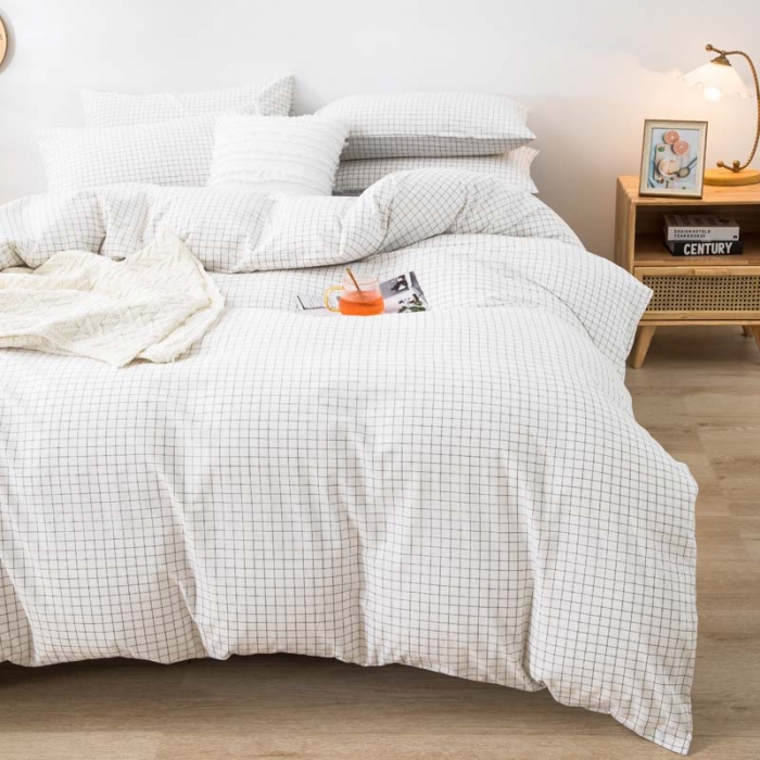 91家纺网 家纺一手货源 找家纺 柠萌家居 2022年新款无印良品全棉色织水洗棉四件套 小白格