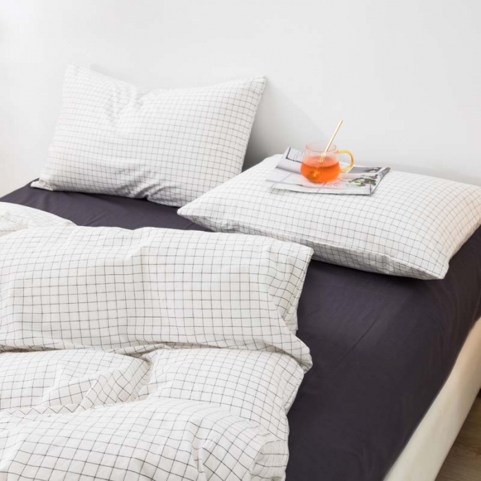 91家纺网 家纺一手货源 找家纺 柠萌家居 2022年新款无印良品全棉色织水洗棉四件套 小白格