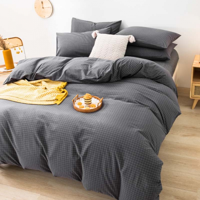 91家纺网 家纺一手货源 找家纺 柠萌家居 2022年新款无印良品全棉色织水洗棉四件套 小灰格