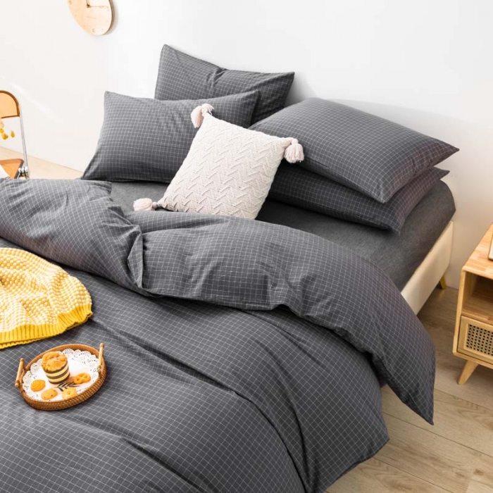 91家纺网 家纺一手货源 找家纺 柠萌家居 2022年新款无印良品全棉色织水洗棉四件套 小灰格