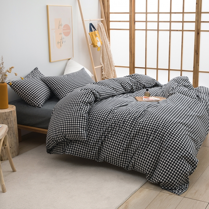 91家纺网 家纺一手货源 找家纺 柠萌家居 2022新款无印良品全棉色织水洗棉单被套 黑白小格