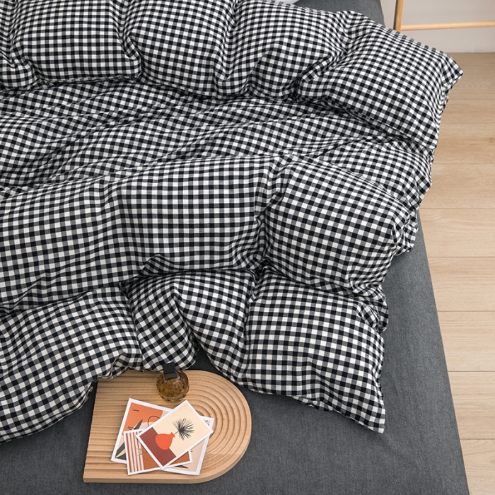 91家纺网 家纺一手货源 找家纺 柠萌家居 2022新款无印良品全棉色织水洗棉单被套 黑白小格