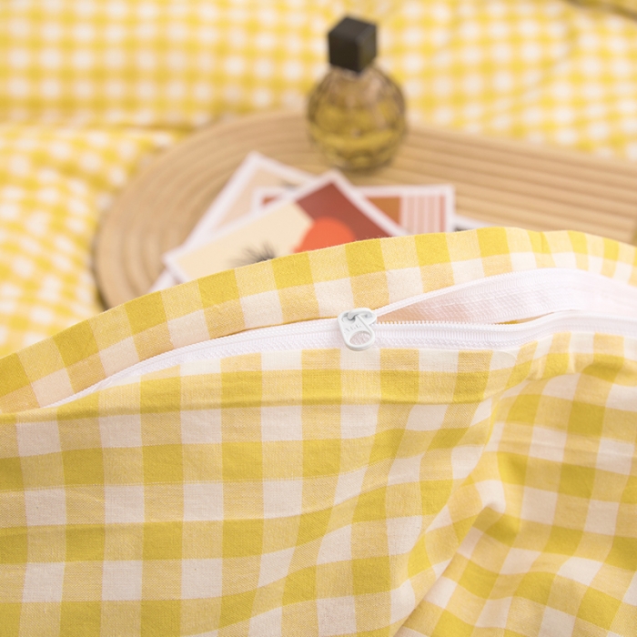 91家纺网 家纺一手货源 找家纺 柠萌家居 2022新款无印良品全棉色织水洗棉单被套 姜黄小格