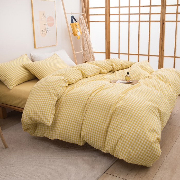 91家纺网 家纺一手货源 找家纺 柠萌家居 2022新款无印良品全棉色织水洗棉单被套 姜黄小格