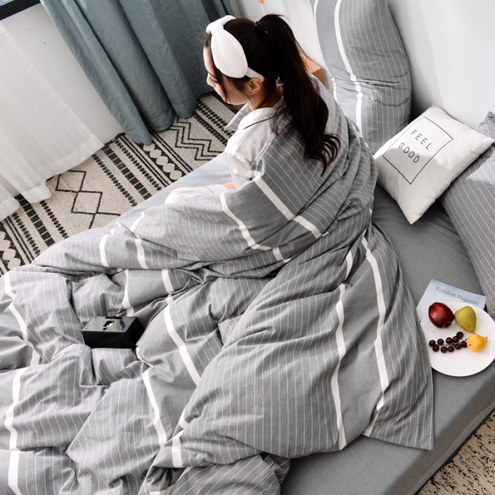 91家纺网 家纺一手货源 找家纺 柠萌家居 2022新款无印良品全棉色织水洗棉单被套 宽双线-冷灰