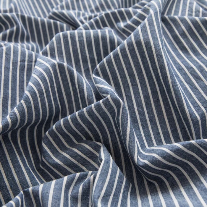 91家纺网 家纺一手货源 找家纺 柠萌家居 2022新款无印良品全棉色织水洗棉单被套 牛仔蓝细条