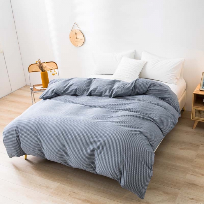 91家纺网 家纺一手货源 找家纺 柠萌家居 2022新款无印良品全棉色织水洗棉单被套 牛仔蓝细条