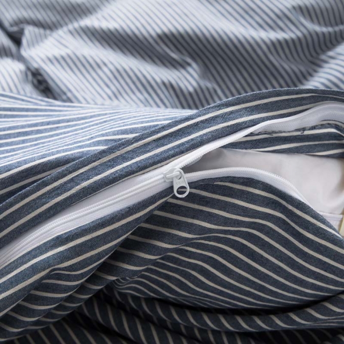 91家纺网 家纺一手货源 找家纺 柠萌家居 2022新款无印良品全棉色织水洗棉单被套 牛仔蓝细条