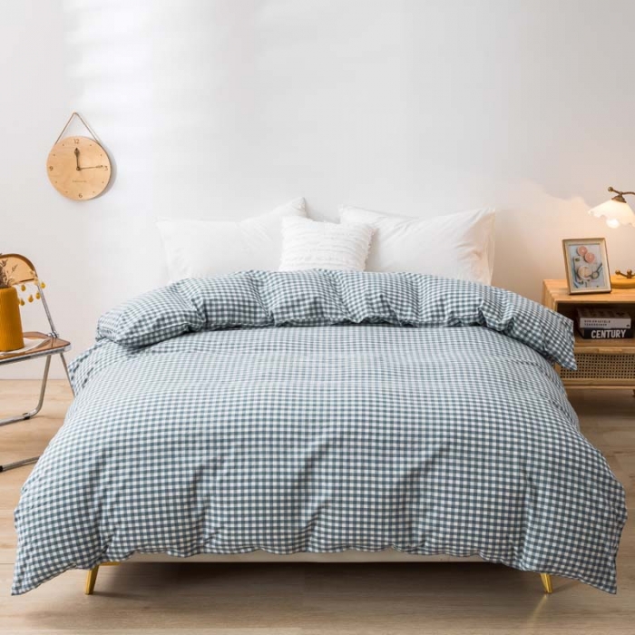 91家纺网 家纺一手货源 找家纺 柠萌家居 2022新款无印良品全棉色织水洗棉单被套 浅蓝小格