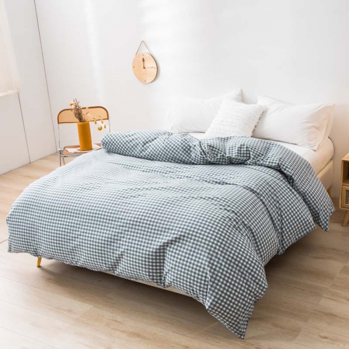 91家纺网 家纺一手货源 找家纺 柠萌家居 2022新款无印良品全棉色织水洗棉单被套 浅蓝小格