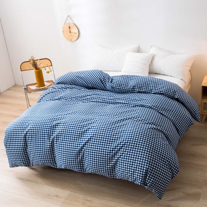 91家纺网 家纺一手货源 找家纺 柠萌家居 2022新款无印良品全棉色织水洗棉单被套 深蓝小格