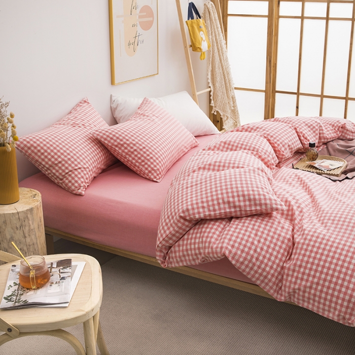 91家纺网 家纺一手货源 找家纺 柠萌家居 2022新款无印良品全棉色织水洗棉单被套 水粉小格