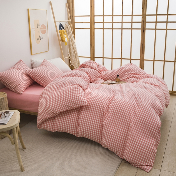 91家纺网 家纺一手货源 找家纺 柠萌家居 2022新款无印良品全棉色织水洗棉单被套 水粉小格