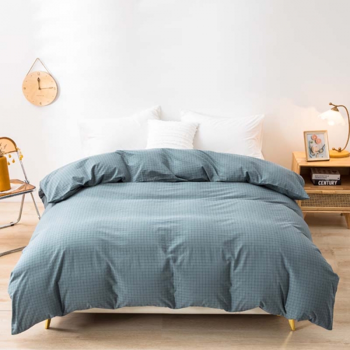 91家纺网 家纺一手货源 找家纺 柠萌家居 2022新款无印良品全棉色织水洗棉单被套 雾蓝小格