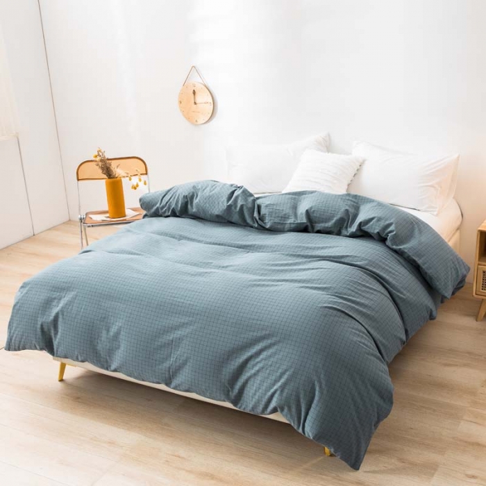91家纺网 家纺一手货源 找家纺 柠萌家居 2022新款无印良品全棉色织水洗棉单被套 雾蓝小格