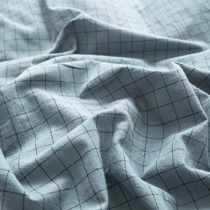 91家纺网 家纺一手货源 找家纺 柠萌家居 2022新款无印良品全棉色织水洗棉单被套 雾蓝小格