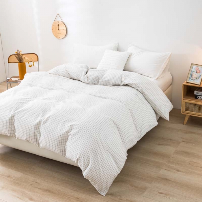 91家纺网 家纺一手货源 找家纺 柠萌家居 2022新款无印良品全棉色织水洗棉单被套 小白格