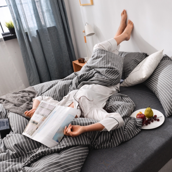 91家纺网 家纺一手货源 找家纺 柠萌家居 2022新款无印良品全棉色织水洗棉单被套 中条纹-深灰色