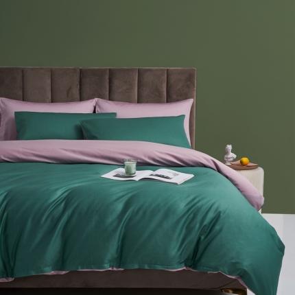 91家纺网 家纺一手货源 找家纺 顾家家居 2023新款60长绒棉双拼三件套 孔雀绿+粉黛