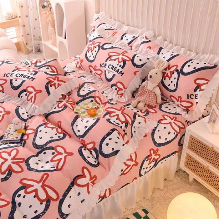 91家纺网 家纺一手货源 找家纺 梦之岛 2022新款床盖韩版磨毛四件套 草莓爱恋