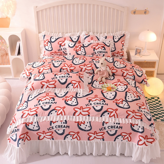 91家纺网 家纺一手货源 找家纺 梦之岛 2022新款床盖韩版磨毛四件套 草莓爱恋