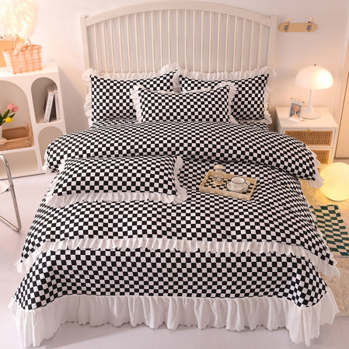 91家纺网 家纺一手货源 找家纺 梦之岛 2022新款床盖韩版磨毛四件套 棋盘格黑