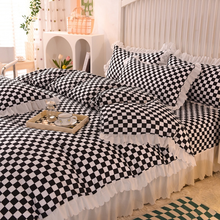 91家纺网 家纺一手货源 找家纺 梦之岛 2022新款床盖韩版磨毛四件套 棋盘格黑