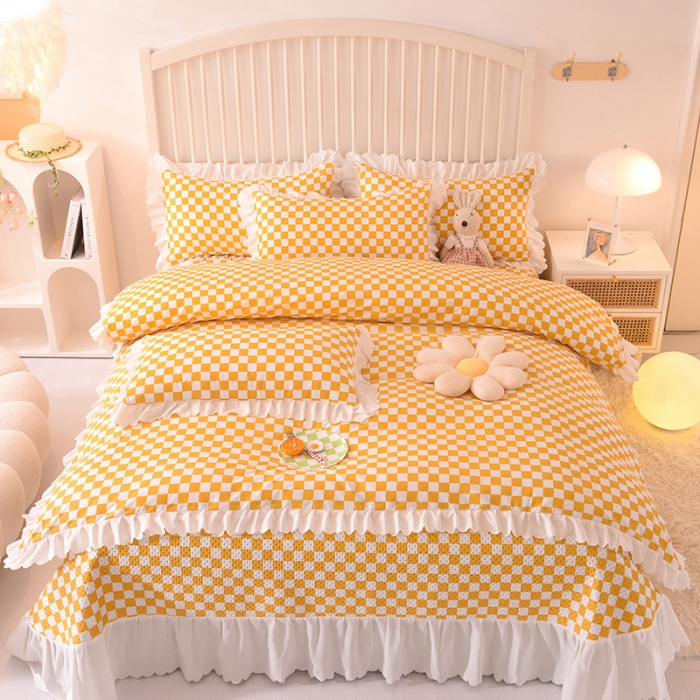 91家纺网 家纺一手货源 找家纺 梦之岛 2022新款床盖韩版磨毛四件套 棋盘格黄