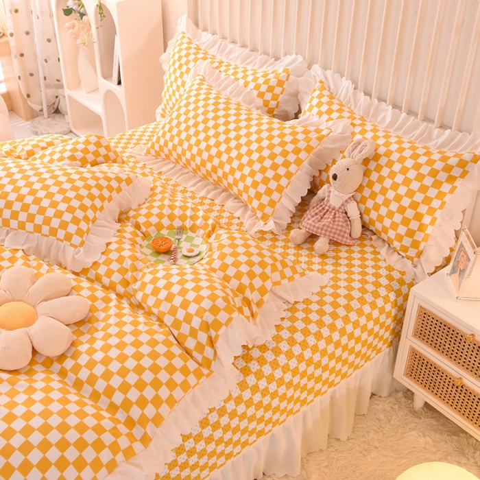 91家纺网 家纺一手货源 找家纺 梦之岛 2022新款床盖韩版磨毛四件套 棋盘格黄