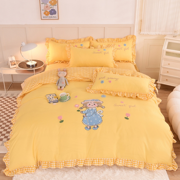 91家纺网 家纺一手货源 找家纺 梦之岛 2022新款甜心女孩韩版磨毛四件套 甜心女孩-黄