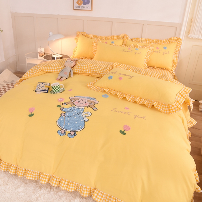 91家纺网 家纺一手货源 找家纺 梦之岛 2022新款甜心女孩韩版磨毛四件套 甜心女孩-黄