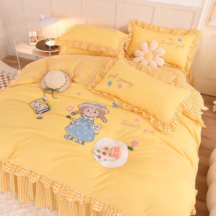 91家纺网 家纺一手货源 找家纺 梦之岛 2022新款甜心女孩韩版磨毛四件套 甜心女孩-黄